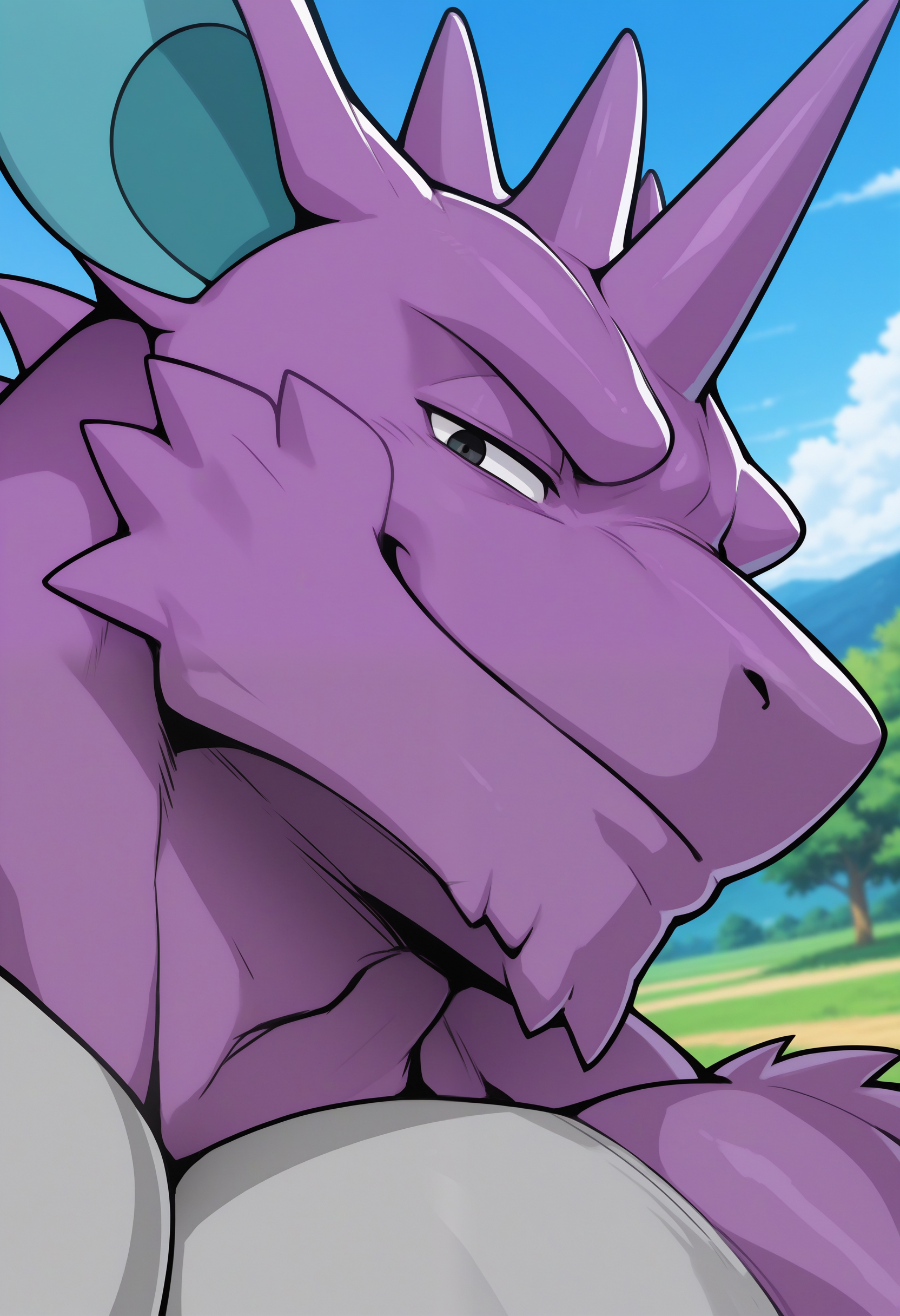 masterpiece,best quality, amazing quality, 1boy, solo, n1d0k1ng, pokemon (creature), bara, outside, close up, side angle, smug,