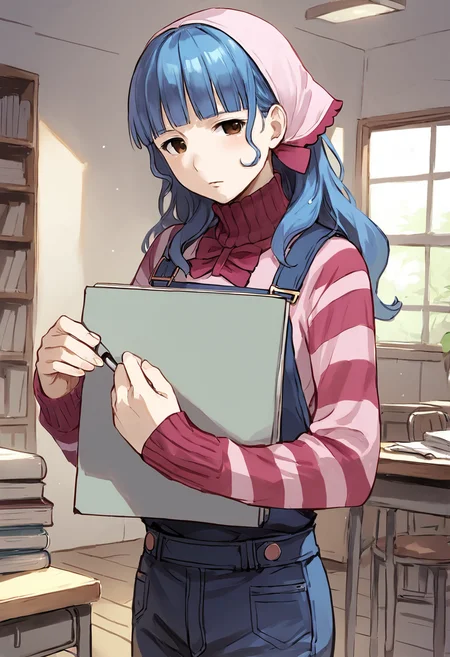 score_9, score_8_up, score_7_up, uncensored, masterpiece, best quality, source_anime BREAK 1girl, solo, vera misham, blue hair, brown eyes, pink bandana, Expressiveh, overalls, sweater, striped, denim, holding, sketchbook, drawing, object hug, indoors, courtroom <lora:Expressive_H:0.6> <lora:add-detail-xl:0.5> <lora:Vera_Misham:0.8>