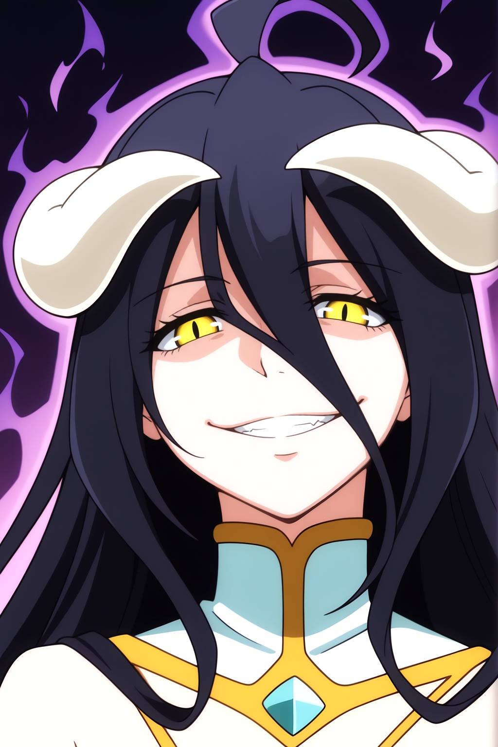 <lora:Albedo2:0.8> Albedo, rating safe, rating all, solo, smile, horns, grin, demon girl, evil smile, aura, white horns