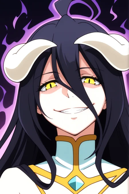 <lora:Albedo2:0.8> Albedo, rating safe, rating all, solo, smile, horns, grin, demon girl, evil smile, aura, white horns