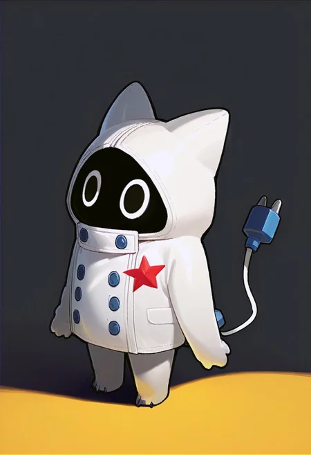 score_9_up, score_8_up, score_7_up, neumaf, 1other, cute, electric plug tail, black eyes, black face, white windbreaker, red star on clothes, bangboo, home background