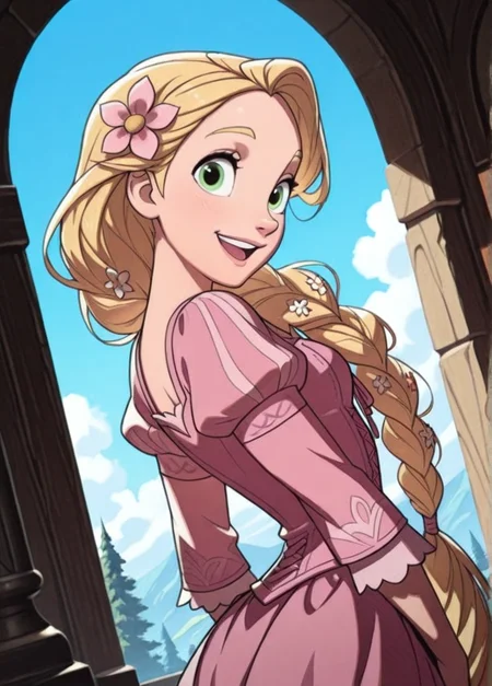fireemblemxd,
masterpiece, best quality, amazing quality, very aesthetic, absurdres, newest, detailed background, cowboy shot, outdoors, dynamic angle, perfect eyes, beautiful eyes,
rapunzelxd, 1girl, solo, blonde hair, braid, hair flower, flower, hair ornament, long hair, smile, open mouth, looking back, puffy sleeves, looking at viewer, dress, long sleeves, juliet sleeves, upper body, single braid
<lora:Rapunzel_-_Disney_Illustrious:1>
<lora:Fire_Emblem_Style:1>,