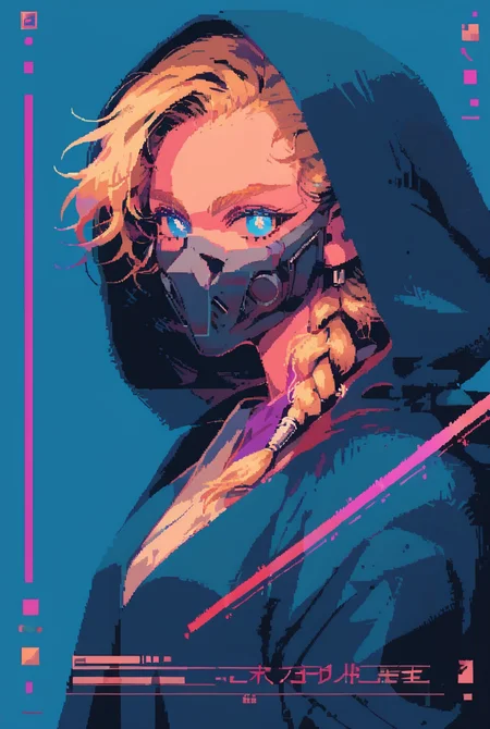 7-SWAnimated, 1girl holding energy sword, solo, looking at viewer, cyan eyes, simple background, blonde, long hair, braid, hood, mask, blue background, thick eyebrows, medium close up, bright pupils, hood up, mouth mask, purple lightsaber, retro wave, windows 98, synthwave
[reflections, dark lighting, hyper realistic, 4k, hd, high fantasy, concept art, woof, pixel art]
<lora:Star Wars Animated v1.0:1>    <lora:win98XLP:0.7> <lora:d3p1x3lXLP:1>
