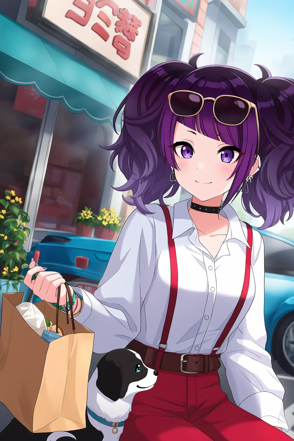 <lora:TanakaMamimi:0.8>, Tanaka Mamimi, twintails, 1girl, eyewear on head, pants, shirt, blurry foreground, sitting, outdoors, sunglasses, red pants, white shirt, car, motor vehicle, smile, solo, jewelry, earrings, belt, plant, bag, day, collared shirt, long sleeves, depth of field, suspenders, breasts, food, flower, choker, dutch angle, dog, street, cat, potted plant, building, road, sign, brown belt, closed mouth, dress shirt, yellow flower, fruit, paper bag, storefront, shopping bag, black choker