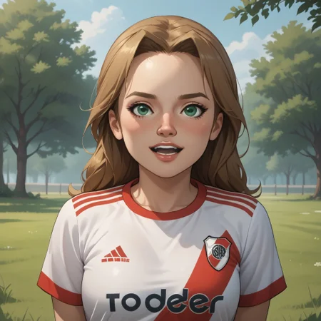 score_9, score_8, BREAK, solo, wii, mii, wii sports resort, 1girl, female mii, tree shaped nose, green eyes, light brown hair, open mouth, teeth, blush, RiverPlate, striped shirt, striped, shirt, white shirt, short sleeves, clothes writing, sportswear, soccer uniform, cute, nintendo mii, modern_mii, classic_mii, breasts, Ursula_(\Wii_Sports_Resort\), adult female, mature female, sexy pose, self portrait, smile, outdoors, sunlight, shadows, evening lighting, natural lighting, forest, trees, grass, orange sky, sunset