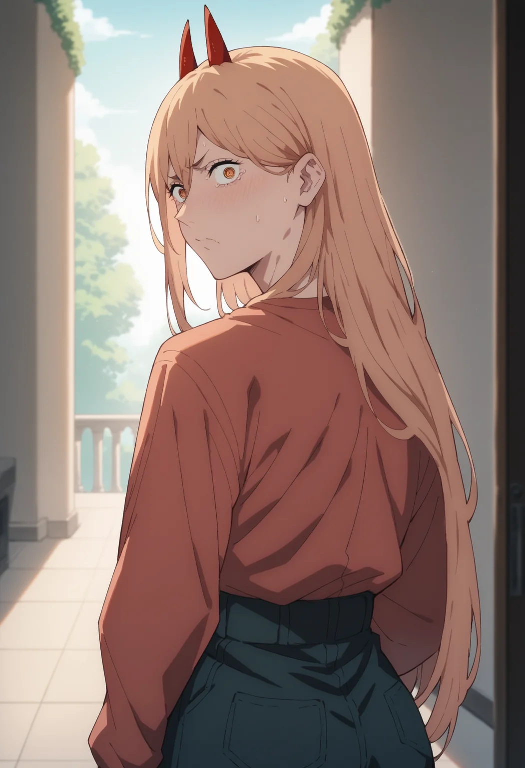 score_9, score_8_up, score_7_up, score_6_up, score_5_up, score_4_up,source_anime, indoors in a palace, looking back, embarassed expression<lora:Smooth Anime Style LoRA XL:1> <lora:P0w3eeerXL_Pony_v1:1> 1girl, p0w3r0x1, long hair, blonde hair, red horns, demon pupils, red sweatshirt