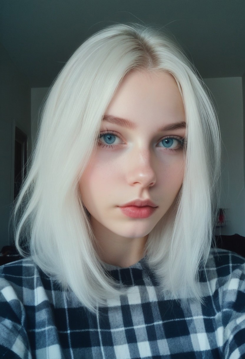 score_9, score_8_up, score_7_up, score_6_up, hyper-realistic, highest quality, masterpiece, rsgrl, russian girl, solo, white hair, realistic, looking at viewer, 1girl, lips, plaid, blue eyes, mole, medium hair, multicolored hair, closed mouth