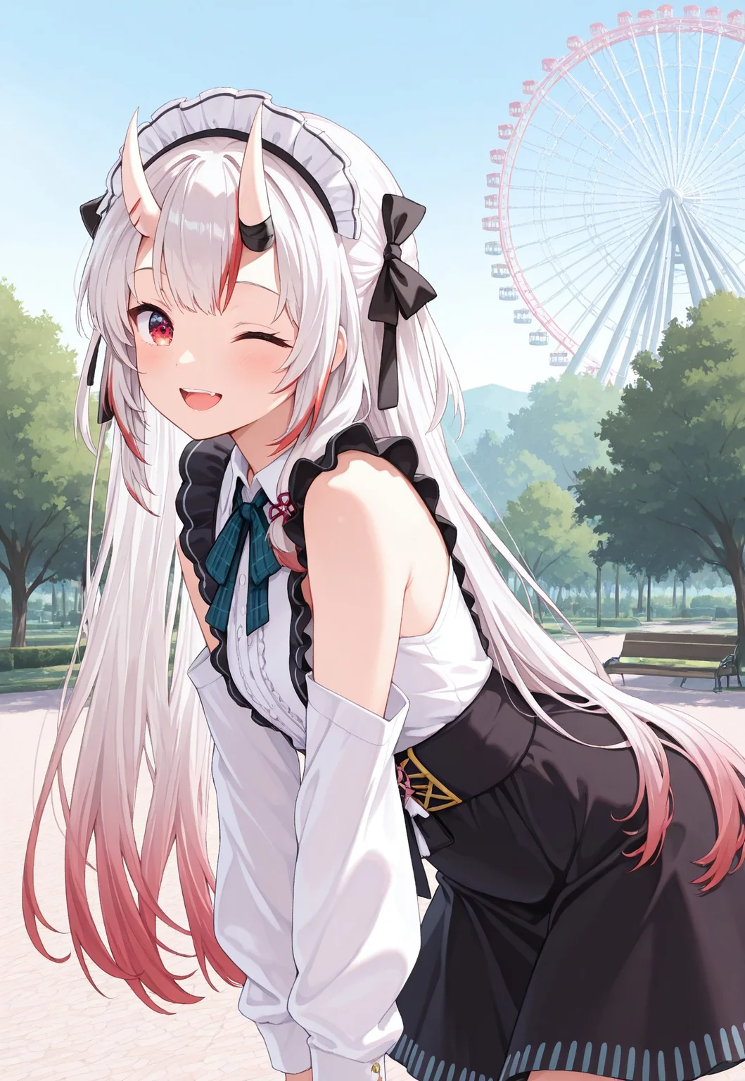 masterpiece, best quality, amazing quality, masterpiece, High quality, Ultra detailed, 2d, newest, absurdres, highres, outdoors, park, ferris wheel, from side, 1girl, solo, nakiri ayame, oni, oni horns, white hair, red hair, streaked hair, gradient hair, hair ribbon, red eyes, sparkly eyes, ayamegirly, very long hair, hair ribbon, black ribbon, maid headdress, white shirt, sleeveless shirt, detached sleeves, collared shirt, frills, neck ribbon, plaid ribbon, black skirt, leaning forward, looking at viewer, happy, smile, ;d, open mouth,