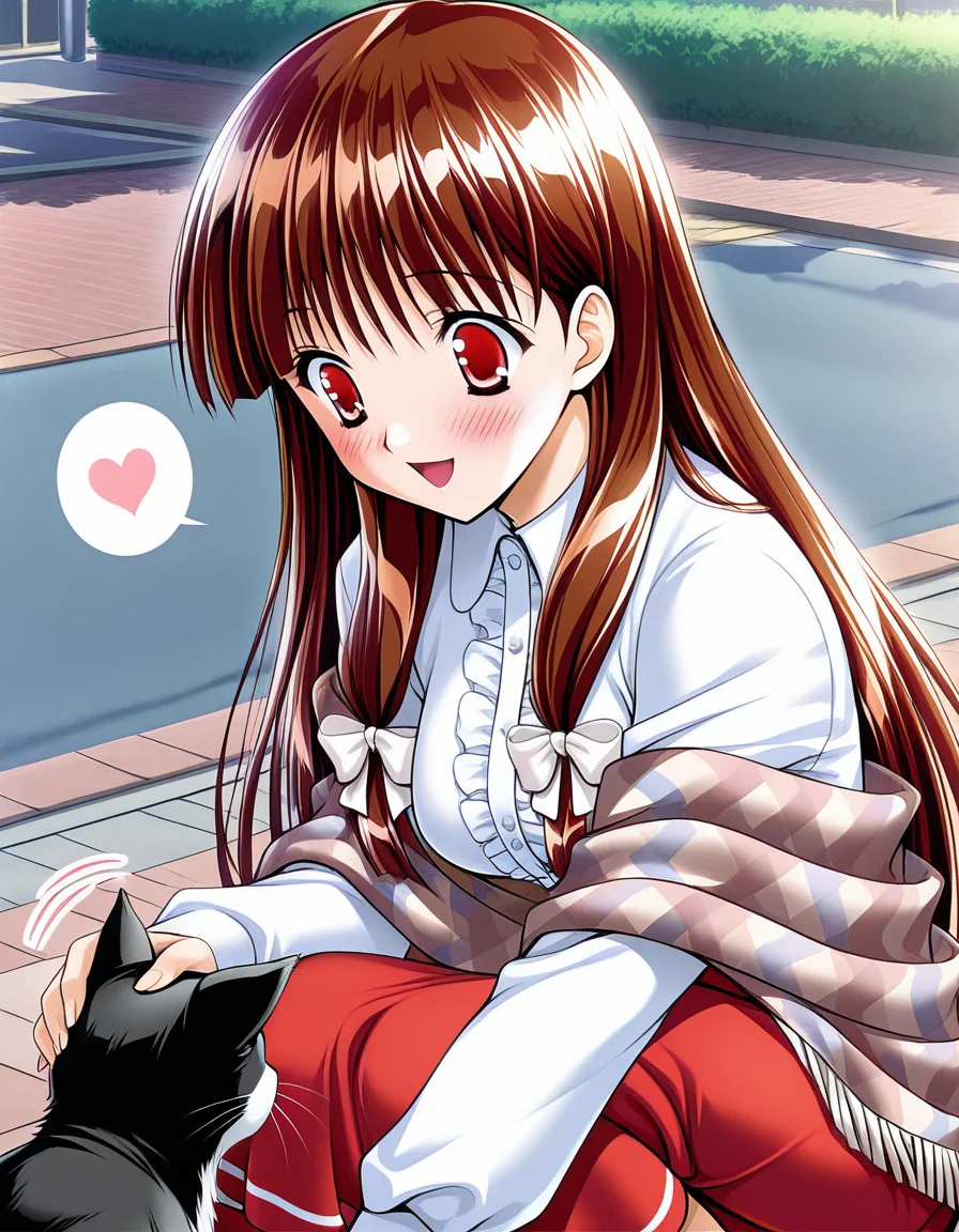 masterpiece, best quality, amazing quality, very aesthetic, high definition, absurdres, official art, ultra detailed,
1girl solo, ouse_yumiko, long hair, brown hair, red eyes, tress ribbon, medium breasts BREAK shawl, white shirt, fringe trim, center frills, red skirt,
lovestruck, happy, blush, looking at cat, spoken heart, squatting, on one knee, Petting, sidewalk, motion lines, highly detailed <lora:ouse yumiko v1.0-000018:1>