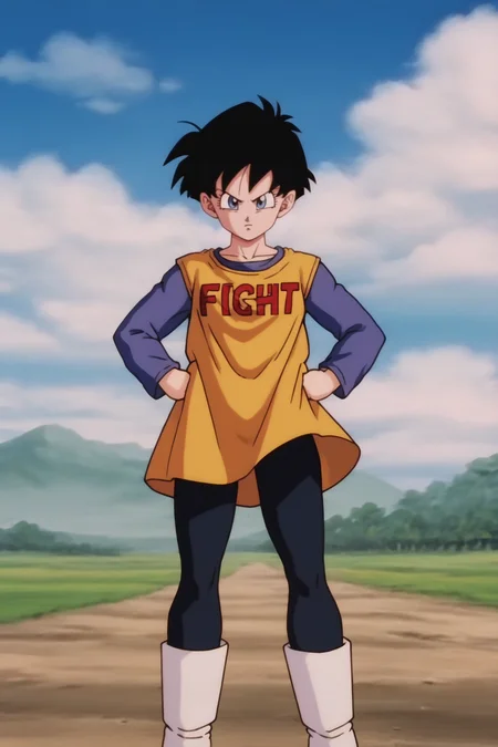 source_anime, score_9, score_8_up, score_7_up, anime screencap,8k, absurd res,
videl, 1girl, solo, looking at viewer, short hair, blue eyes, shirt, black hair, long sleeves, boots, outdoors, sky, day, cloud, blue sky, clothes writing, yellow dress, white footwear, text print, spiked hair, v-shaped eyebrows, from below, dress over shirt, clenched hands, blue shirt, black tights, print dress, midair, floating,
<lora:videlSatan_pony_v1:0.8>