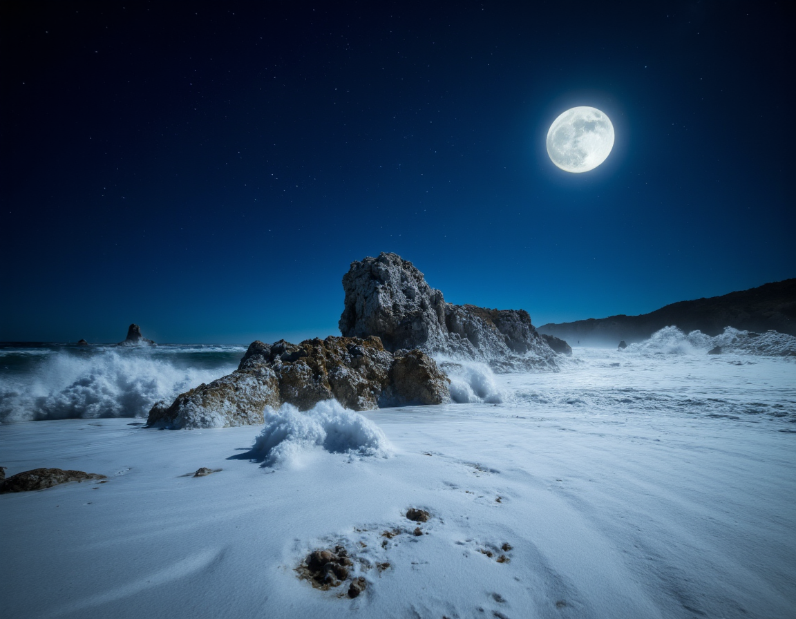 <lora:{blur, }Blur-000018:0.85> blur, A mesmerizing, high-definition 8K artistic photograph, captured with a long exposure technique, depicting a serene and surreal landscape of a deserted, moonlit beach at low tide. The image features a vast, dark blue sky with millions of stars and a bright, glowing moon, casting an ethereal light on the shore. The beach is lined with towering, ancient rock formations, worn smooth by the relentless pounding of waves, and covered in a fine, misty layer of sea spray. The rocks are bathed in a soft, blue-gray light, with subtle, feathery textures and intricate patterns carved by the ocean's patient hand. The sand is pristine and untouched, with gentle, swirling patterns created by the wind and water. The long exposure has transformed the waves into a dreamy, cotton-like mist, with soft, white tendrils stretching across the shore like ghostly fingers. The atmosphere is peaceful and contemplative, with a sense of timelessness and wonder. The shot is a wide-angle, low-angle composition, emphasizing the vastness of the landscape and the majesty of the rocks. The image features a hyper-detailed, photorealistic rendering style, with subtle film grain and a slight, artistic blur, adding to the sense of depth and mystery. The overall mood is one of enchanting, surreal beauty, inviting the viewer to step into the serene and peaceful world of the deserted beach. The texture of the rocks and sand is meticulously rendered, with every detail, from the tiny shells to the delicate patterns of the waves, sharply defined and vividly realized. The image is a masterpiece of landscape photography, with a perfect balance of light, composition, and atmosphere, creating a truly immersive and breathtaking visual experience. . 35mm photograph, film, bokeh, professional, 4k, highly detailed