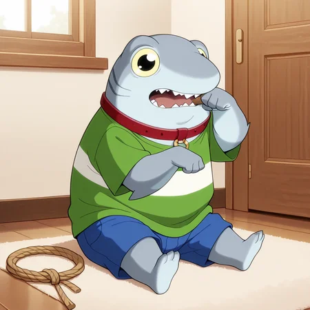 amazing quality, best quality, colorful, masterpiece, indoors, <lora:ShaunShark-v1-11:1> hq-shaun, shark boy, no humans, (no tail), 1boy, young, plump, sitting, paw pose, holding_mouth, rope, red collar, indoors,
, green t- shirt, blue shorts