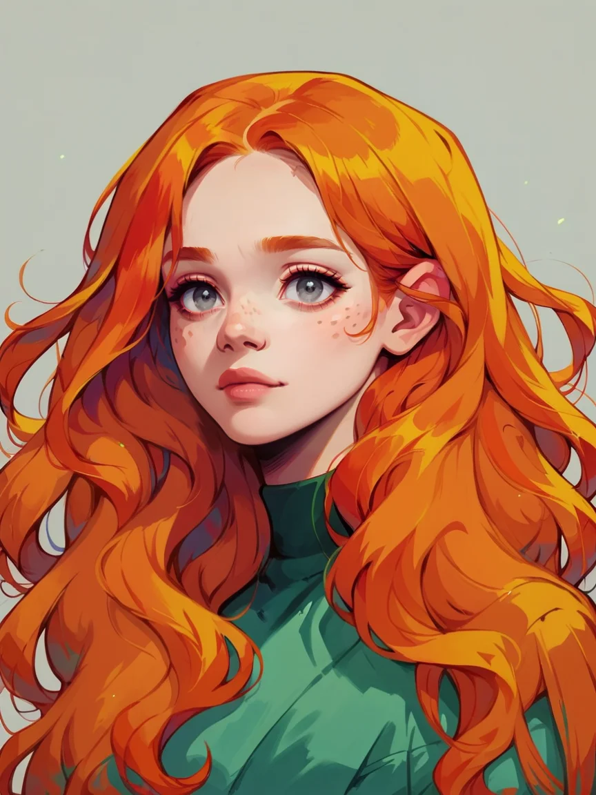 score_9, score_8_up, score_7_up, score_6_up, score_5_up, <lora:coacalinaXLP:1> coacalina, colourful, 1girl, ginger hair, long hair, wavy hair, freckles, grey eyes