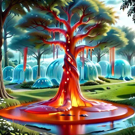 a forest made out of slime, dense-forest, Yggdrasil, a vast tree made out of slime, A large tree made out of slime, brown slime tree, translucent tree, transparent tree,
everything made of slime, No simple background, ((slime tree)),
((translucent slime)), ((transparent slime)), (bioluminescent slime), sl1m3, slime, slime-morph, ais-blmn, saturated colors, no creatures, no monsters, no pokemon, scenery only, scenery, ral-lava,