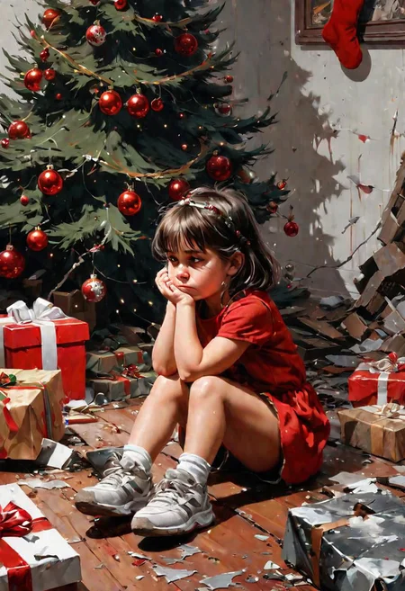 Close-up portrait, stylized works by Greg Rutkowski, Frank Frazetta,Little girl sitting crying next to a broken Christmas tree and trashed presents, tree on the floor, Banksy style, black, white, red highlights , artists style illustrations like WLOP at Studio Ghibli Genshin.