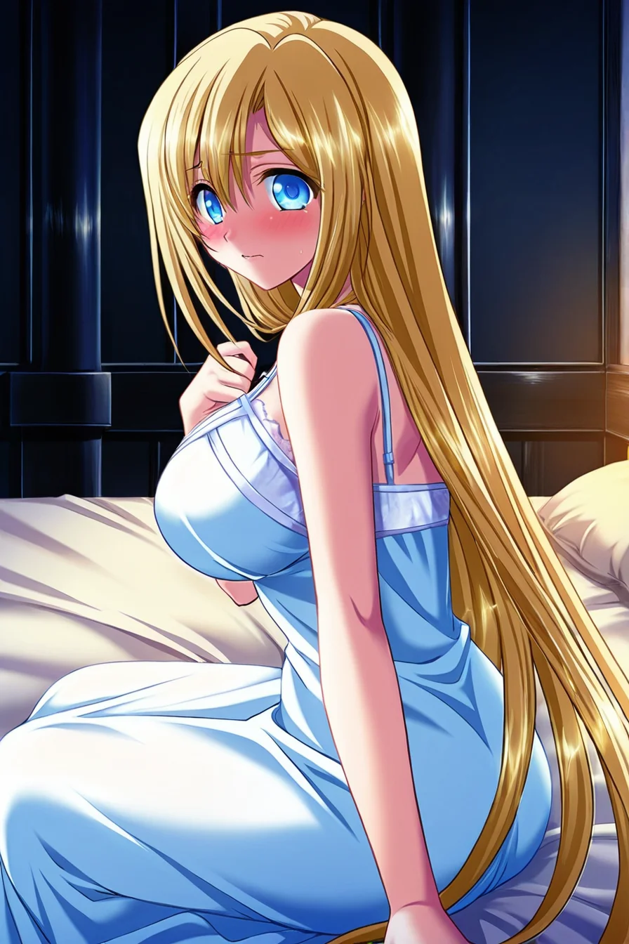 masterpiece, best quality, game cg,highly_detailed,extremely_detailed_CG_unity_8k_wallpaper,illustration,dynamic pose,highres,absurdres,1girl,l,solo,pov, <lora:Tita_Luvens-IL:1>HimeTita,,long hair, blush, blue eyes, blonde hair, large breasts,castle room,bedroom, dress, very long hair, hand on own chest, black background, nightgown,sitting on bed, from side,looking at viewer