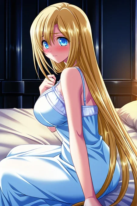 masterpiece, best quality, game cg,highly_detailed,extremely_detailed_CG_unity_8k_wallpaper,illustration,dynamic pose,highres,absurdres,1girl,l,solo,pov, <lora:Tita_Luvens-IL:1>HimeTita,,long hair, blush, blue eyes, blonde hair, large breasts,castle room,bedroom, dress, very long hair, hand on own chest, black background, nightgown,sitting on bed, from side,looking at viewer