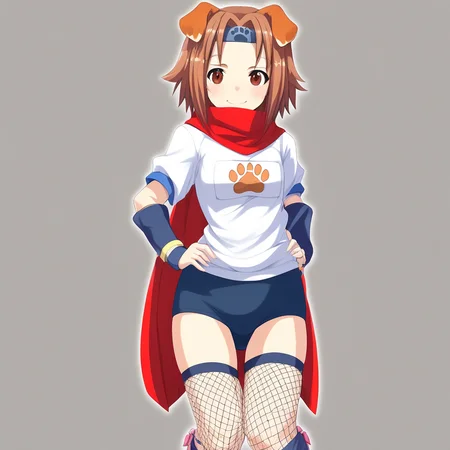score_9, score_8_up, score_7_up, masterpiece, best quality, good quality, high quality, k0n0h44rc4n4h34rt,KonohaArcanaHeart,Konoha /(Arcana Heart/),, k0n0h44rc4n4h34rt, konohaarcanaheart, konoha /(arcana heart/), 1girl, solo, buruma, dog tail, brown hair, animal ears, dog ears, tail, brown eyes, thighhighs, paw print, short hair, fishnets, gym uniform, headband, blue buruma, looking at viewer, fishnet thighhighs, cape, short sleeves, smile, blush, shirt, simple background, white shirt, white background, cowboy shot, forehead protector, red cape, dog girl