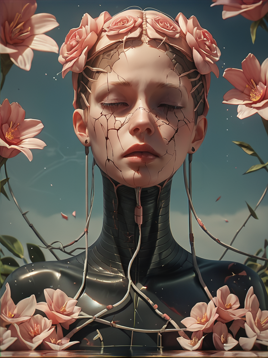 score_9, score_8_up, score_7_up, score_6_up, score_5_up, score_4_up,   <lora:cr34tur3g0r3XLP:0.8> cr34tur3g0r3, 1girl, flowers, latex, cyborg, wires, broken