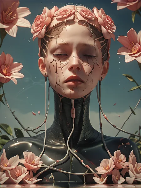 score_9, score_8_up, score_7_up, score_6_up, score_5_up, score_4_up, <lora:cr34tur3g0r3XLP:0.8> cr34tur3g0r3, 1girl, flowers, latex, cyborg, wires, broken