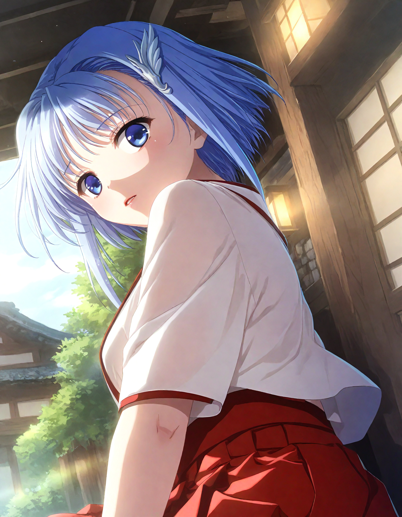 score_9, score_8_up, score_7_up, masterpiece, best quality, absurdres, official art, official style, (anime coloring, anime screencap, megami magazine, flat color:1.3), zPDXL2, zPDXLxxx,
<lora:Kajio Honoka (Denshanai de Now) Pony v1_epoch_10:1.0>, 1girl, solo, kajio_honoka, medium breasts, BREAK, blue eyes, blue hair, short hair, bangs, sidelocks, BREAK, hair ornament, BREAK, 
miko, japanese clothes, BREAK, red hakama, BREAK
(cute face, beautiful face, detailed face, perfect face:1.3), 
dim lighting, light particles, dramatic lighting, bokeh, volumetric lighting, double exposure, 
japan, , 
rating_safe, sitting, outdoors, (portrait|upper body:1.3), , (from behind:1.3)
, looking down, skirt, depth of field, blurry, breasts, hakama skirt, day, hakama, v arms, blue sky, wariza, looking away, sky, parted lips, parking lot, red lips