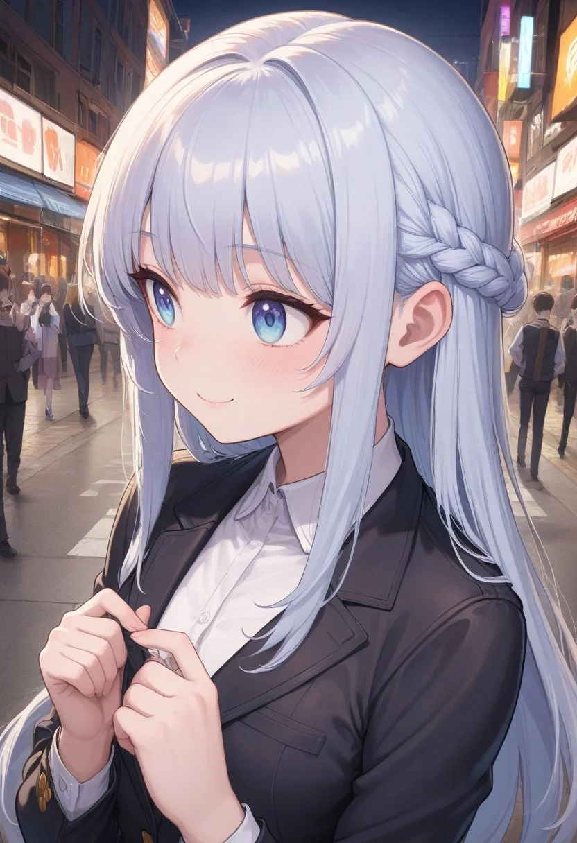 prefect lighting,very aesthetic,prefect hands,best quality,
intricate details,highly detailed background,(masterpiece:0.9),high quality,lustrous_skin,skindentation,(zPDXL3),
ultra delicate hair,
face_detail,
skin_detail,<lora:cfg_scale_boost>,
lustrous_skin,skindentation,
shiny skin, masterpiece,best quality,ultra-detailed,Best-A,Medium-B,Low-C,Bad-D,cute,light_blush,dynamic_angle, st_weissberg, light blue eyes, street, little braid, white shirt, open black jacket, street, smile, looking away, portrait, upper body