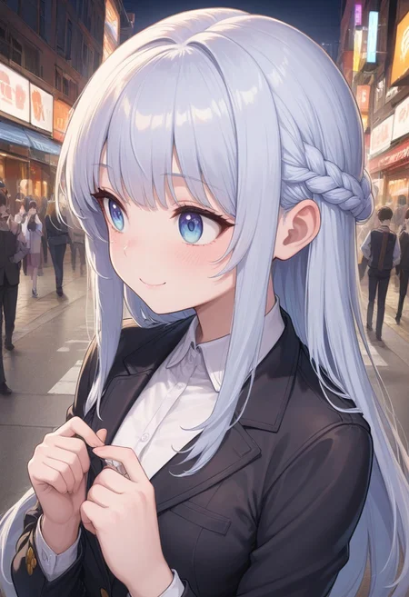 prefect lighting,very aesthetic,prefect hands,best quality,
intricate details,highly detailed background,(masterpiece:0.9),high quality,lustrous_skin,skindentation,(zPDXL3),
ultra delicate hair,
face_detail,
skin_detail,<lora:cfg_scale_boost>,
lustrous_skin,skindentation,
shiny skin, masterpiece,best quality,ultra-detailed,Best-A,Medium-B,Low-C,Bad-D,cute,light_blush,dynamic_angle, st_weissberg, light blue eyes, street, little braid, white shirt, open black jacket, street, smile, looking away, portrait, upper body
