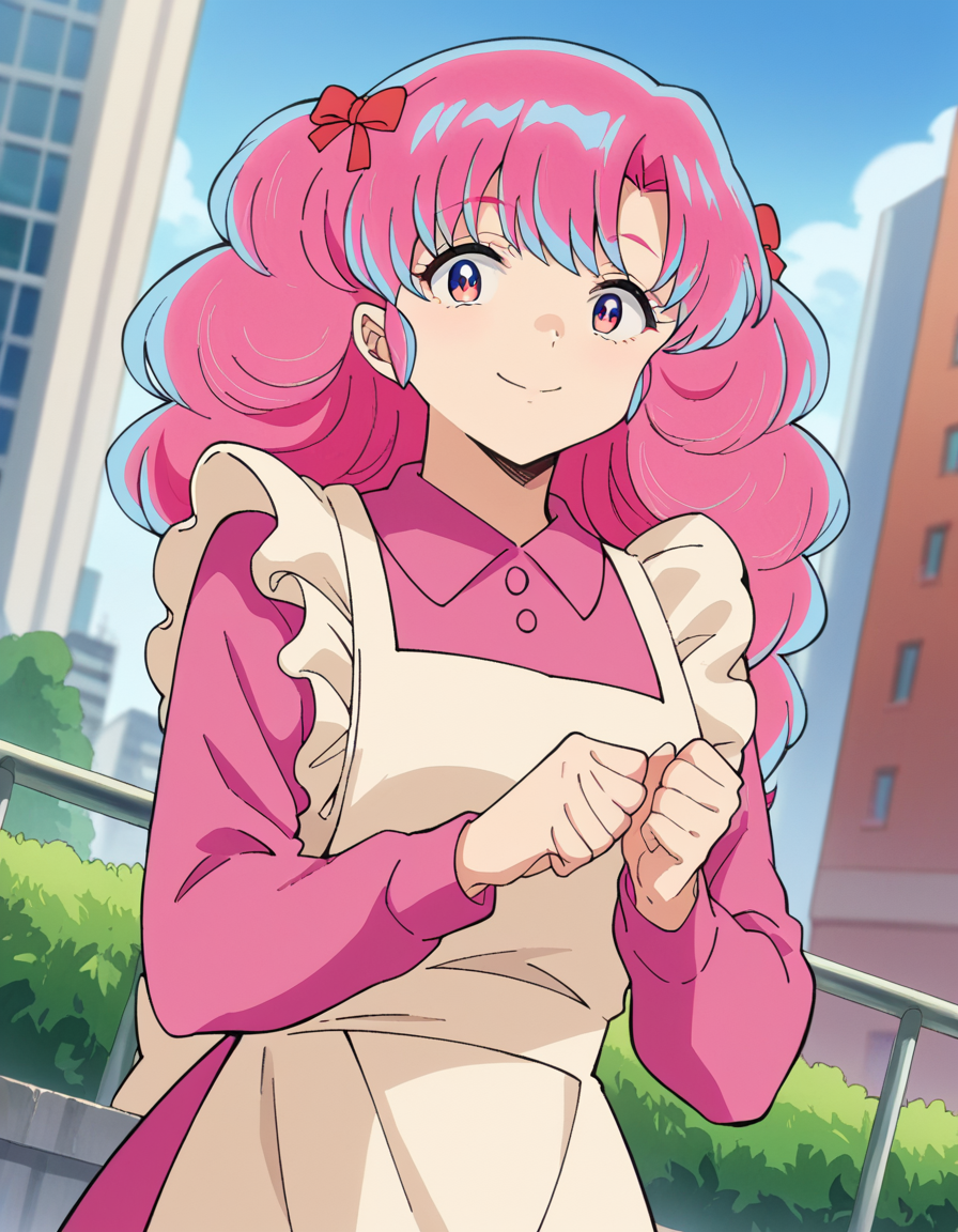 score_9, score_8_up, score_7_up, source_anime,
uruseiyatsuraran, <lora:urusei-ran-ponyxl-lora-nochekaiser:1>,
ran, long hair, bangs, pink hair, bow, hair bow, red bow, pink eyes, smile,
long sleeves, apron, white apron, shirt, pink shirt, frills, long sleeves,
outdoors, cityscape,
looking at viewer, cowboy shot, dutch angle,