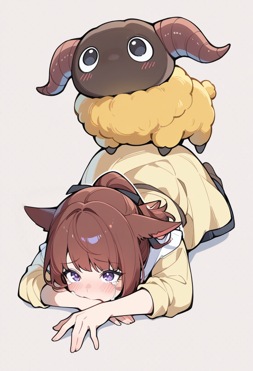 1other on top of 1girl,y4n,full body,fluffy,yellow wool,pose,blush,looking up at viewer<lora:yan:1>final fantasy xiv,simple background, very awa, masterpiece, best quality, amazing quality, very aesthetic, absurdres, sensitive, newest <lora:spo_sdxl_10ep_4k-data_lora_webui:0.7>,