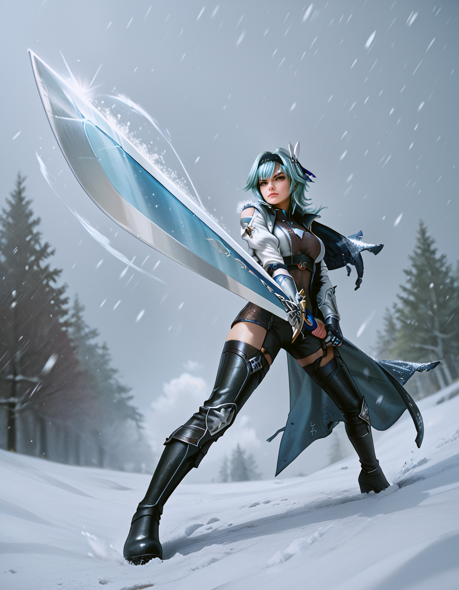 score_9, score_8_up, score_7_up,
eula, brave perspective, two-handed,holding sword,serious, focused,
realistic epic fantasy background,
snow, ((snowstorm, wind)),
 <lora:Brave_perspective:0.9>