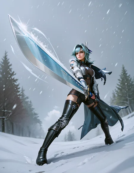 score_9, score_8_up, score_7_up,
eula, brave perspective, two-handed,holding sword,serious, focused,
realistic epic fantasy background,
snow, ((snowstorm, wind)),
<lora:Brave_perspective:0.9>
