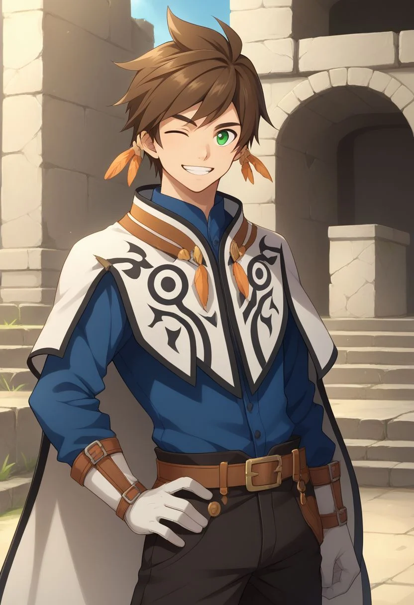 score_9, score_8_up, source_anime, highly detailed, 1boy, solo, male_focus, slender, skinny, upper body,
sorey, solo, brown hair, male focus, smile, 1boy, thumbs up, feathers, one eye closed,
gloves, hand on hip, pants, boots, full body, feather earrings, green eyes,
cape, shirt, blue shirt,
outdoor, ruins