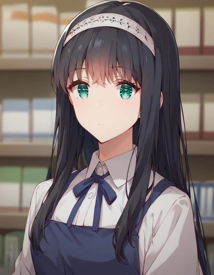 score_9, score_8_up, score_7_up, source_anime,
1girl, solo, looking at viewer, blurry background, book shop, portrait,
<lora:shiori_yomiuri_anime_v3-soralz:1>,
shiori yomiuri, black hair, long hair, sidelocks, white hairband, green eyes,
work uniform, blue apron, blue neck ribbon, white collared shirt,