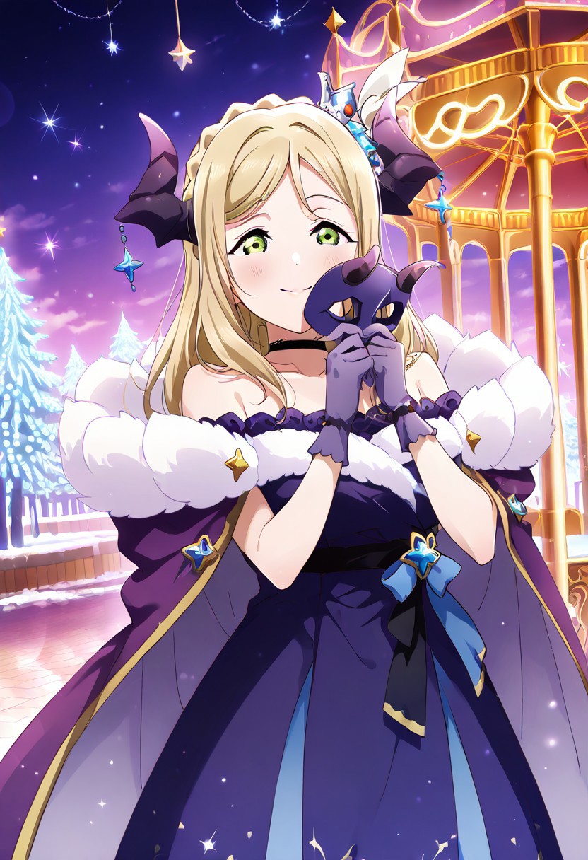 masterpiece, best quality, solo, 1girl, aged up, happy, 
 ohara_mari, mari_ohara, MariMari, green eyes, blonde hair, demon horns, long hair, crown braid, black choker, blue dress, purple gloves, bare shoulders, off-shoulder dress, purple cape, fur trim, midnight carnival idol, jeweled mask, dark velvet stage, carousel lights behind her, purple smoke, spinning stars, mischievous smile, mysterious and theatrical performance