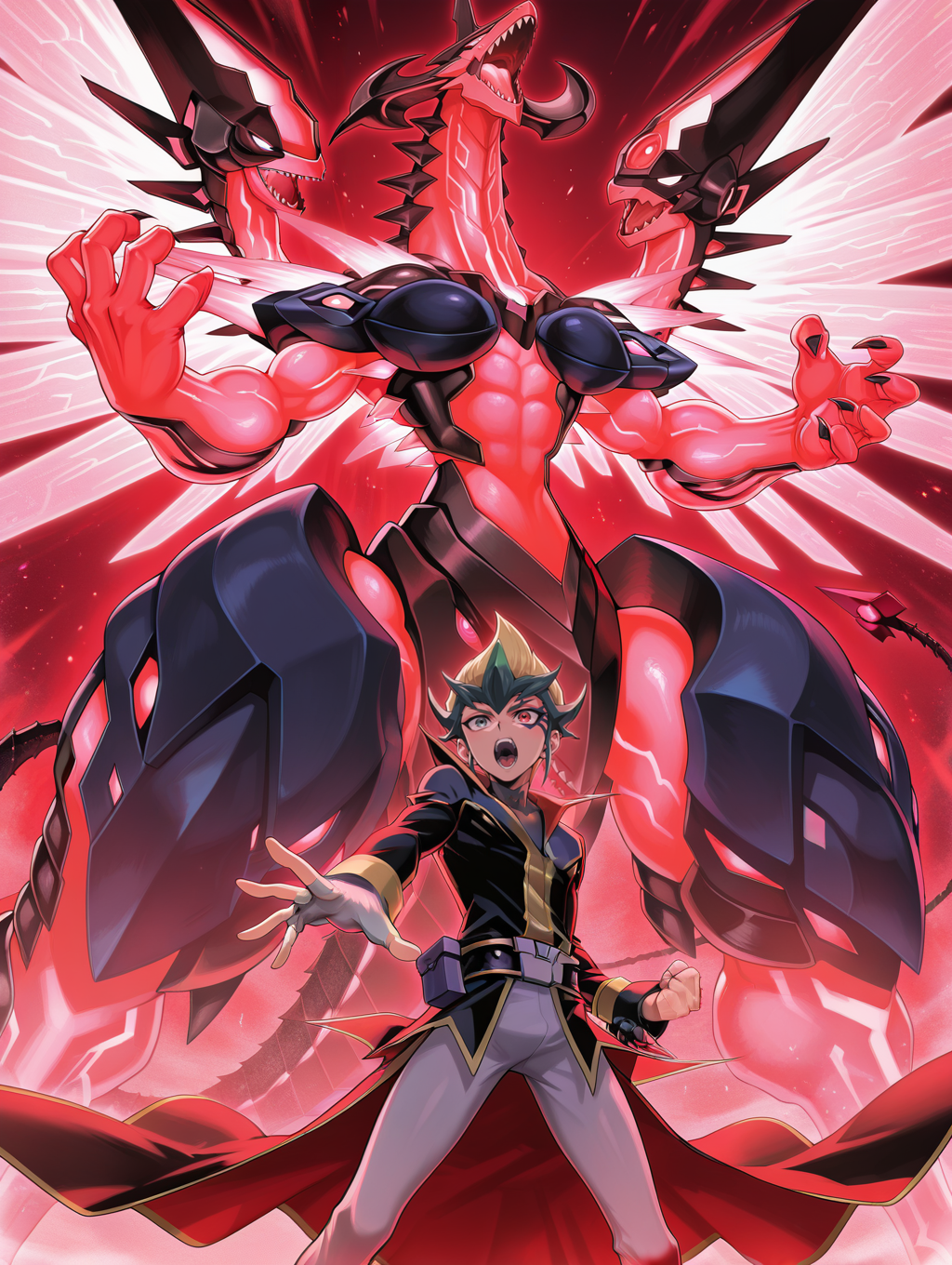 kite tenjo,neo galaxy-eyes photon dragon,1boy,male focus,open mouth,teeth,belt pouch,clenched hand,single white fingerless glove,tongue,outstretched hand,black coat,grey high collar shirt,white pants,pink scales,from below,facial mark,heterochromia,red theme,red dragon,
masterpiece,best quality,amazing quality,very aesthetic,absurdres,newest,<lora:Galaxy-Eyes Prime Photon Dragon illuXL v2.3:0.87>,