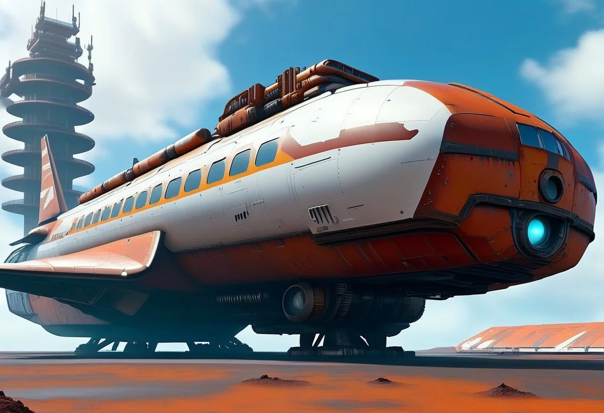 sci-fi, aJed-Rst spaceport, tarmac, landing pads, (Rusty ship hanger, Rusty tower, (((beautiful, hyper realistic, high quality, highly detailed))), sleek Rusty neotech spacecraft (freighter), vehicle focus, zoom out,