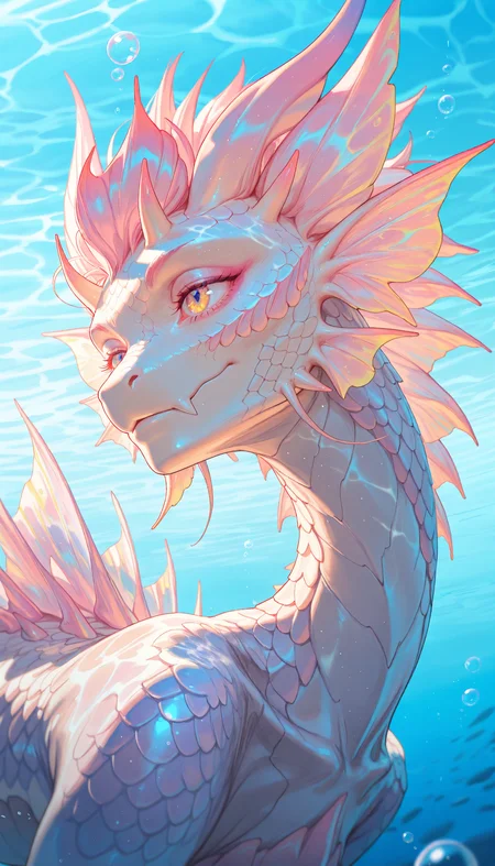 (masterpiece, gradient, recent, good_quality, high_quality, newest, very aesthetic, blurry_background, depth_of_field, vibrant colors, abstract_background, colorful, anime_coloring, vectortrace, flat_colors)
(mizutsune, dragonkin, eyelashes, eyeshadow, fisheye, foreshortening, close-up, eye_focus, lighting, shadows, caustics, bubbles, underwater, iridescent_body, pastel colors, godrays, day, two_tone_scales, no humans, particle effects, detailed background, fantasy, perspective)