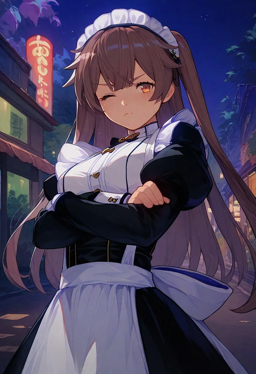 score_9, score_8_up, score_7_up, score_6_up, source_anime, 1girl, solo, head close-up, Maria, Claire maid outfit, Claire maid headdress, one eye closed, pout, crossed arms, leaning back, in a street full of wooden buildings, dark night, colorful