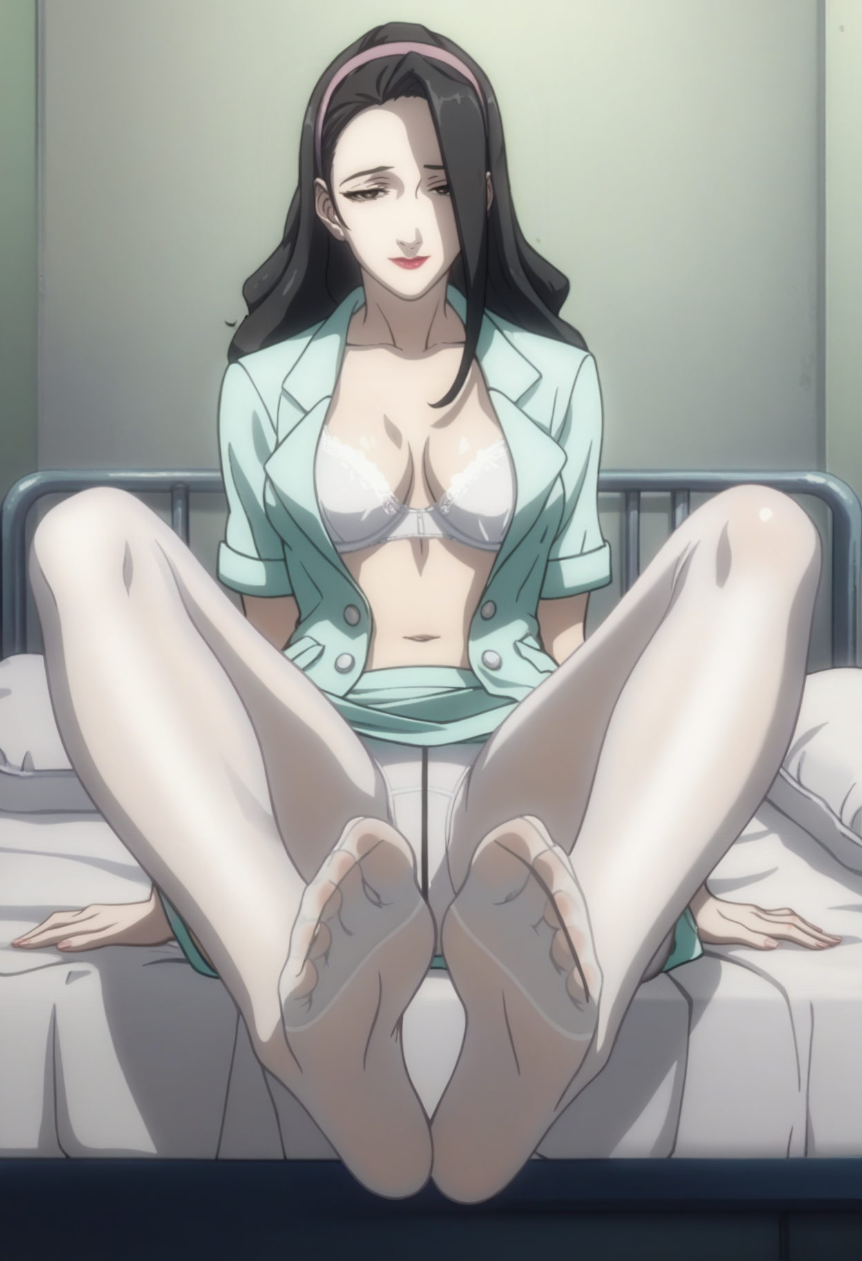 score_9, score_8_up, score_7_up, score_6_up, anime screencap, anime coloring, <lora:Marnie_epoch_9:0.9>, Marnie, 1girl, solo, black hair, long hair, black eyes, hairband, lipstick, 
nurse, white pantyhose,
seductive smile, looking at viewer, open clothes, white bra, lace bra, navel, center opening, sitting, soles, foot focus, white panties,
BREAK indoors, hospital bed,