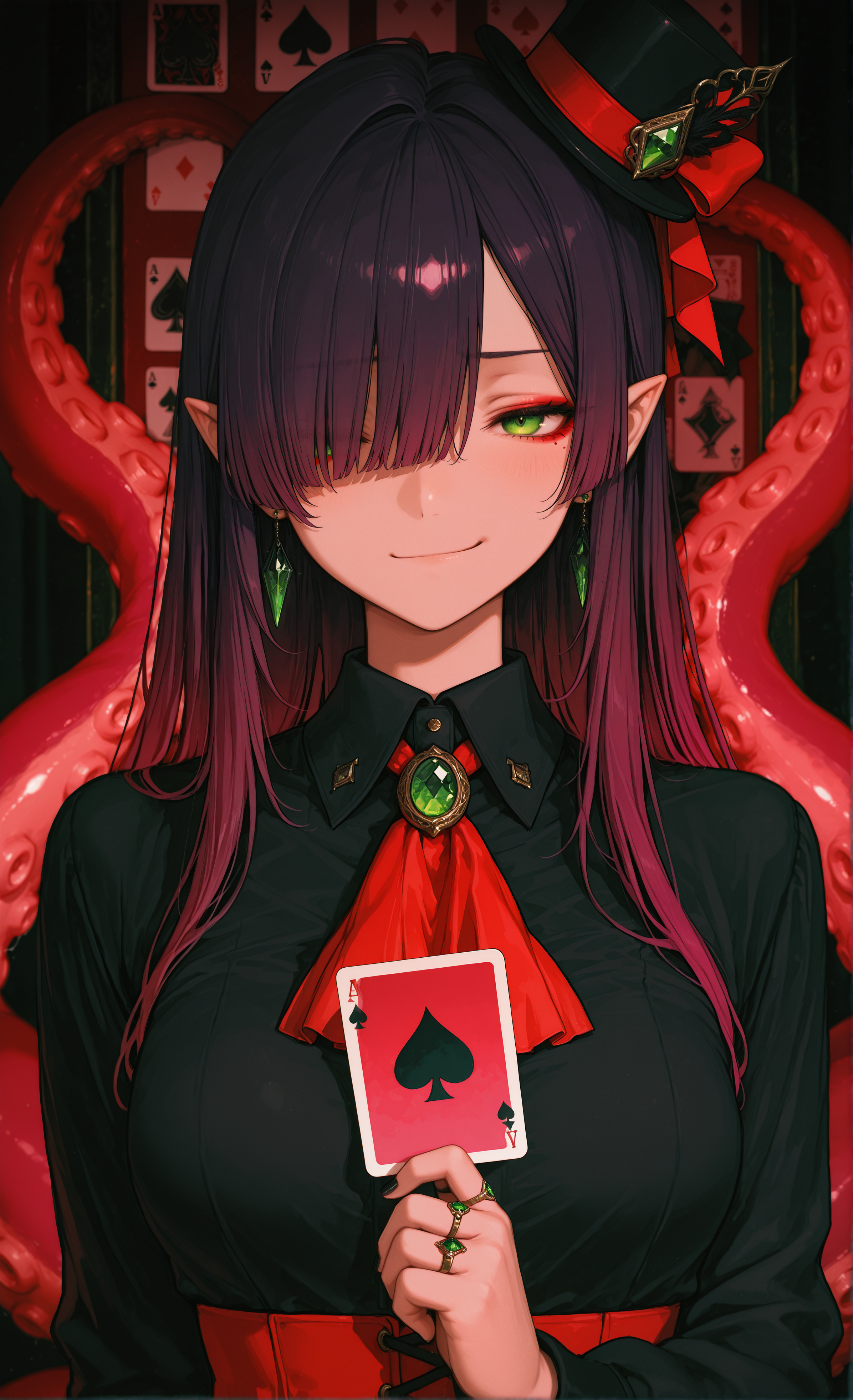 masterpiece, sharp detail, intricate detail, 1girl, medium breasts,  (dark deep purple upper hair), gradient hair, red eyeliner, (green tips), long hair, pointy ears, vivid green eyes, scylla, monster girl, 4 thin long purple tentacles growing from back, long sleeves, hat, holding, closed mouth, smirk, straight-on,  jewelry, upper body, earrings, collared shirt, hand up, nail polish, hair over one eye, black shirt, fingernails, ascot, ring, black nails, gem, brooch, one eye covered, top hat, red theme, mini hat, card, dark, tilted headwear, playing card, diamond \(shape\), holding card, spade \(shape\), maroon theme, ace \(playing card\), club \(shape\), diamond \(gemstone\), ace of spades, <lora:aosiai123_style:0.8> traditional media,  aosiai123_illu, chiaroscuro, volumetric lighting, dappled light, dramatic shadows, cinematic lighting, detailed background,  <lora:NOOB_vp1_detailer_by_volnovik_v1:0.7> <lora:illustriousXL_stabilizer_v1.23:0.8>,