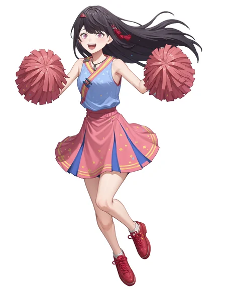 score_9,score_8_up,score_7_up,cheerleader,white background,simple background,happy,open mouth,jumping,full body,
<lora:yanzhen_pony2:0.8>,glcyanzhen,1girl,solo,hair ornament,long hair,braid,bangs,pink eyes,black hair,anime screencap,<lora:Anime_Screencap:1>,
