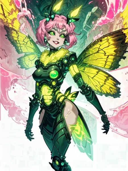 <lora:add_detail:0.25>, (1girl, solo, adult female, mature female), <lora:concept_goodHands:1>, <lora:detailed_eyes:1>, pink hair, braided hairstyle, short hair,
<lora:style_uraniumTech_(uraniumtech--radiation--scifi--nuclear--transparent):0.95>, uraniumtech, scifi, nuclear, transparent, see-through, radiation, 
[muscular, biceps], abs, leg muscles, thigh muscles, 
<lora:concept_mothGirl_(moth woman--insect wings--antennae--extra arms):0.9>, moth woman, uraniumtech insect wings, uraniumtech antennae, (extra arms:1.1), insect joints, flying, in the sky, movement, happy, excited, robot joints, highleg, smile, cute,
<lora:concept_solidEyes_v70:1>, glowing green eyes, neck fur,