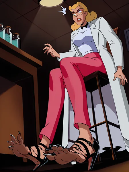 <lora:She-Bat_-_Batman_Animated_Illustrious_v2:1.0>, <lora:dcau234-illu3_r1:0.4>, <lora:takeda_hiromitsu_style_illustrious_goofy:0.4>, frbtas, 1girl, labcoat, seated, sitting in chair, torn high heels, brown bat feet, blonde hair, white shirt, pink pants, medium breasts, surprised, shocked expression, looking at feet, from below, dramatic lighting, glasses, cowboy shot, dutch angle, laboratory background