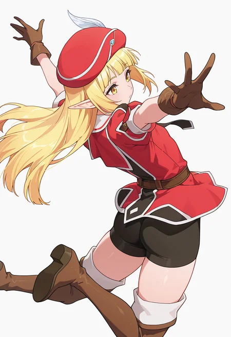 Smooth Quality,masterpiece,very intricate, high quality details, ultra realistic, high detailed skin,detailed enviorement,absurdres,
reaching,solo,
<lora:Rune_Noma_CNR:0.8> rune_cnr, pointy ears, blonde hair, long hair, yellow eyes, blunt bangs, elf, thighhighs, thigh boots, shorts, gloves, red hat, hat feather, beret, short sleeves, necktie,, simple background, white background, from behind,
jumping, arms raised, legs bent, happy face, energetic posture, ,, :/,