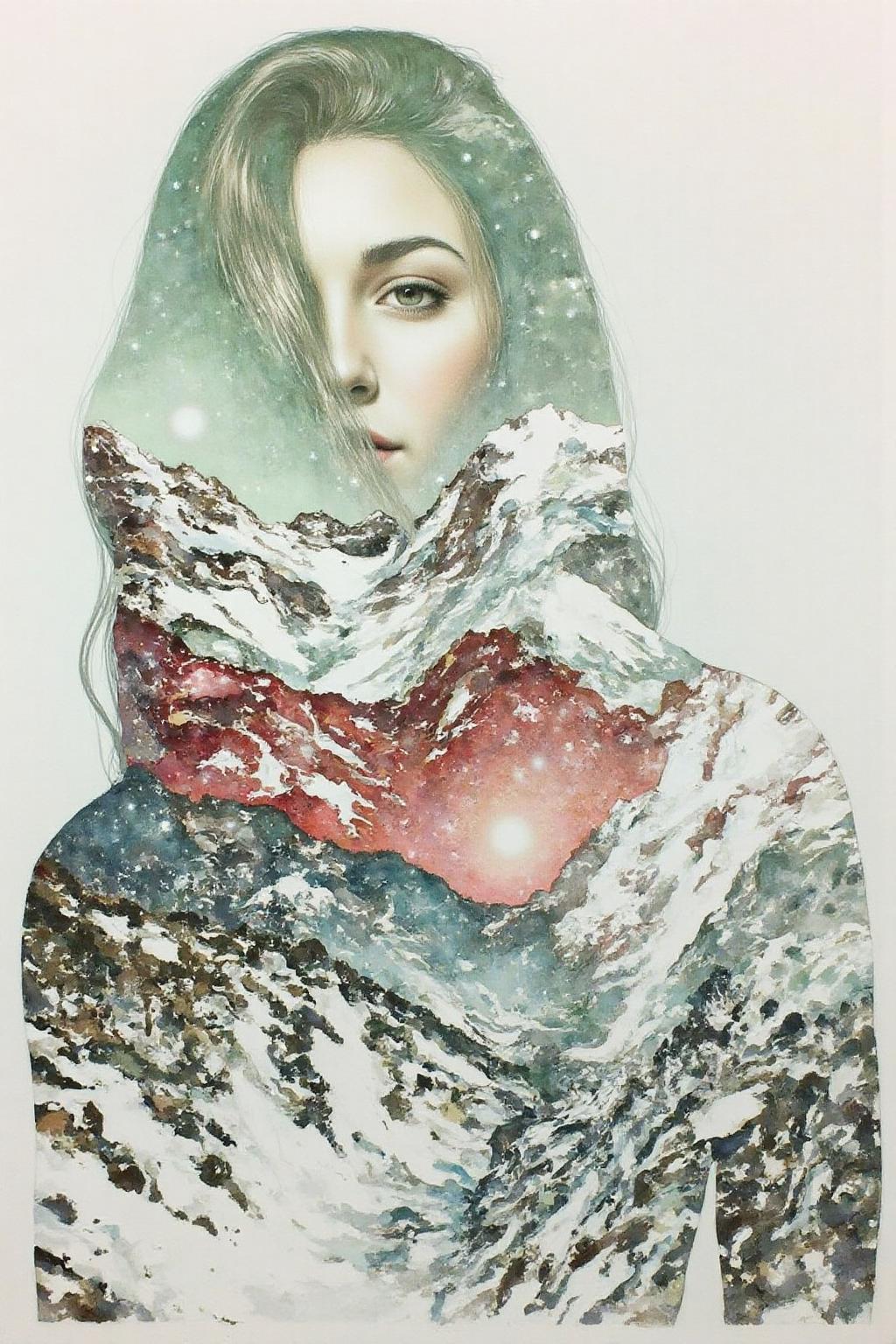 Portrait painting. 
A woman's face is partially covered by her long hair. A snowy mountain landscape blends seamlessly with her form. The colors include shades of green, brown, and hints of red and blue. <lora:doubleexpopainting1_cap_d6a3e13:1.0><lora:850329535474870353:0>