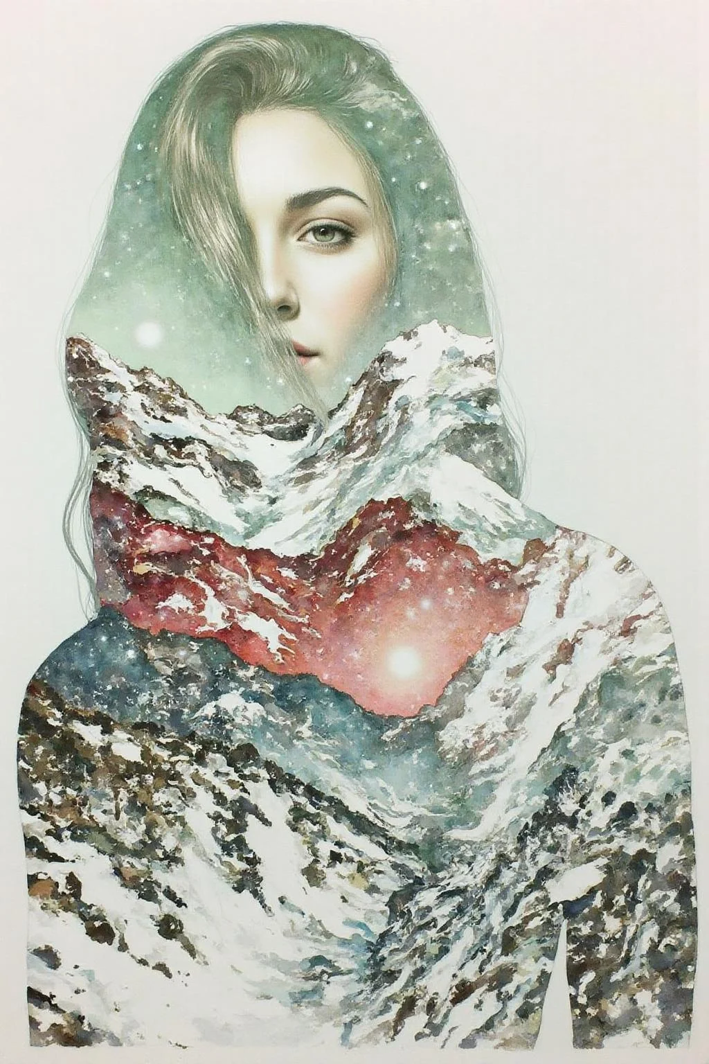 Portrait painting.
A woman's face is partially covered by her long hair. A snowy mountain landscape blends seamlessly with her form. The colors include shades of green, brown, and hints of red and blue. <lora:doubleexpopainting1_cap_d6a3e13:1.0><lora:850329535474870353:0>