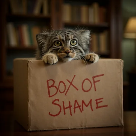 cinematic film still a pallas cat peeking out from inside the handles of a closed cardboard box, on the outside it says BOX OF SHAME in red marker haphazardly on the box. In the background is a warm study with books in bokeh <lora:Animal_soph-PallasCat-FLUX:1> . shallow depth of field, vignette, highly detailed, high budget, bokeh, cinemascope, moody, epic, gorgeous, film grain, grainy