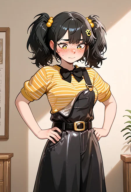 masterpiece, best quality, amazing quality, very aesthetic, absurdres, newest, detailed background, foreground blur, (( cartoon,  )),
cassidythat, 1girl, solo, black hair, striped yellow shirt, twintails, hair ornament, black bowtie freckles, short sleeves, belt buckle,, black skirt overalls, medium breasts, hands on hips, 
,  one strap broken, looking at chest, embarrassed, blushing, looking down,
