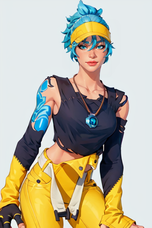 masterpiece,best quality,face detail,extreme detail,8k,white background,<lora:Comet:0.8>,cometfn,1girl,solo,looking at viewer,short hair,bangs,shirt,gloves,jewelry,closed mouth,blue hair,cowboy shot,fingerless gloves,necklace,lips,torn clothes,tattoo,single glove,nose,visor cap,single sleeve,single fingerless glove,yellow pants,