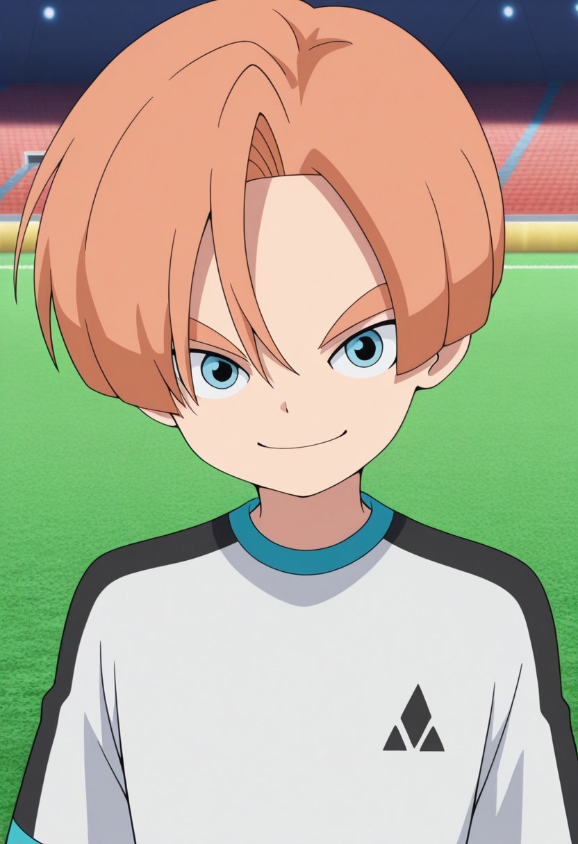 masterpiece,best quality,amazing quality, source_anime,
malikkuabel, 1boy, male focus, solo, blue eyes, orange hair, orion trainee soccer uniform, white shirt, smile, portrait,
outdoor, stadium, grass,